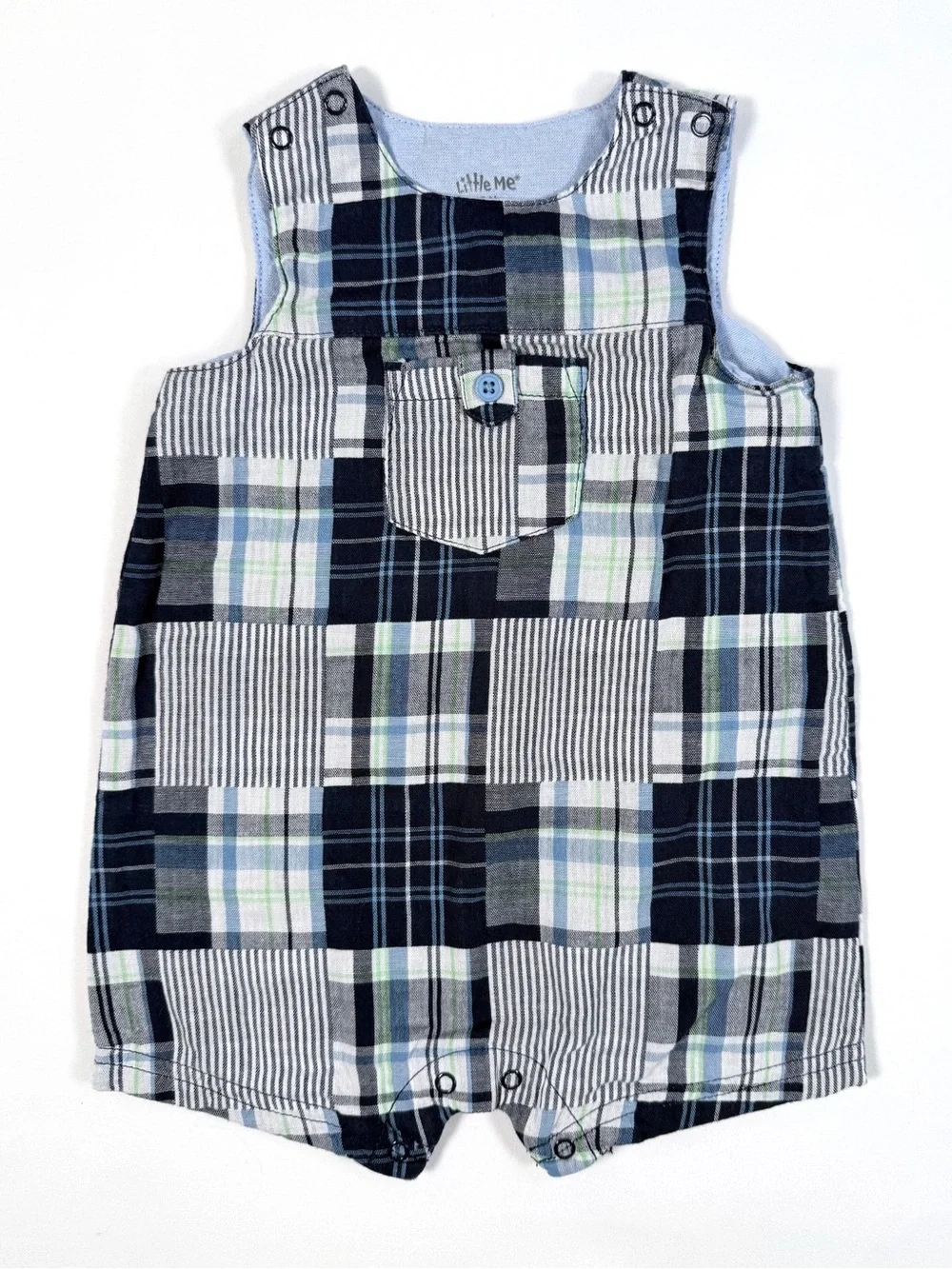 LITTLE ME‎ Baby Boys' Blue Plaid Stripe Patchwork Overall Jon Jon Romper Size 6M